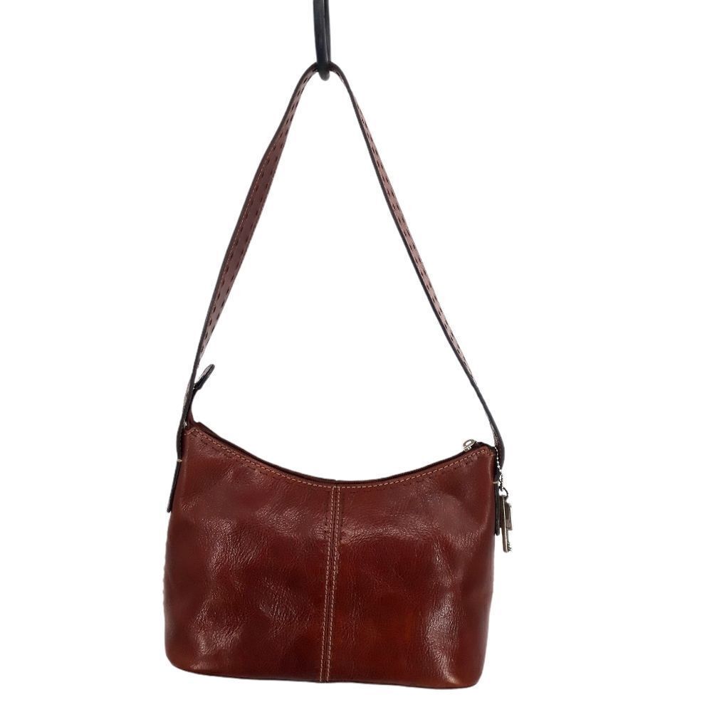 Vintage Fossil Hobo Shoulder Bag Leather Brown Silver‎ Logo Key Zipper Closure